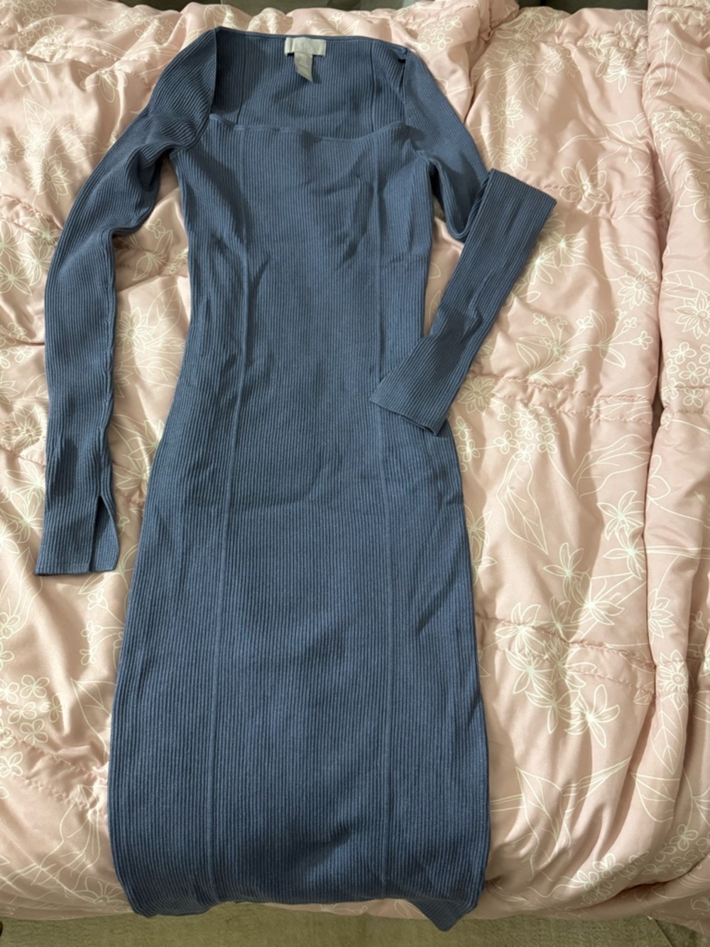 H&M Slate Blue Ribbed Square-Neck Long Sleeve Midi Dress
